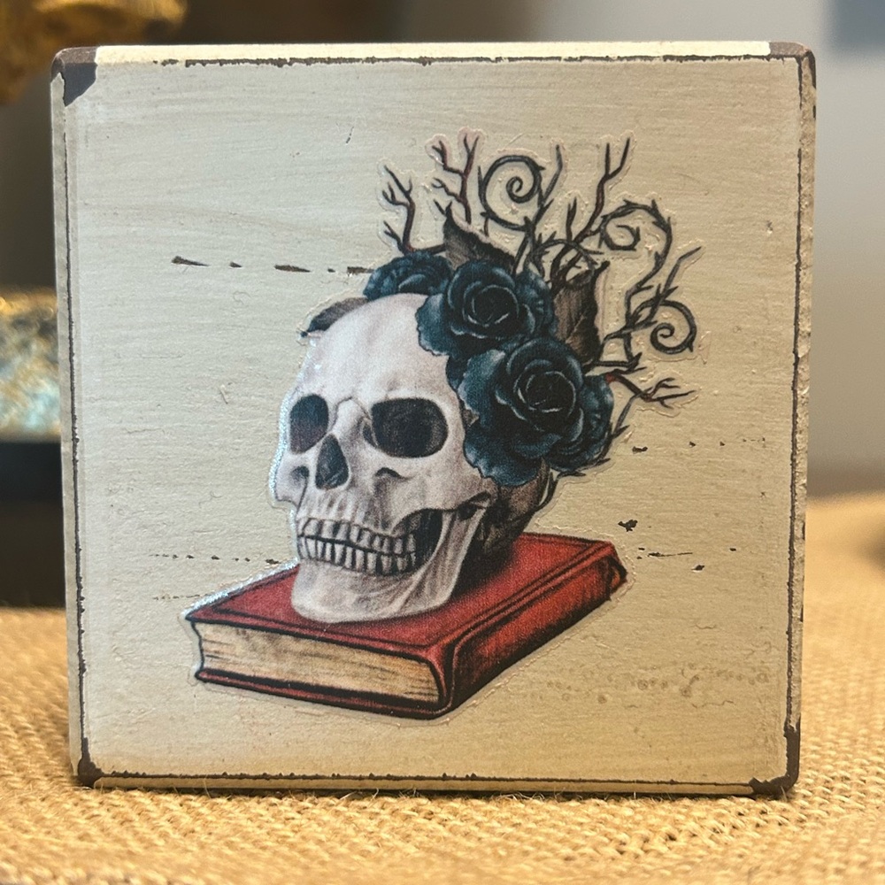 Skulls Roses spider crow bat 3” Art Block Halloween macabre OOAK 👁️ bat Gothic